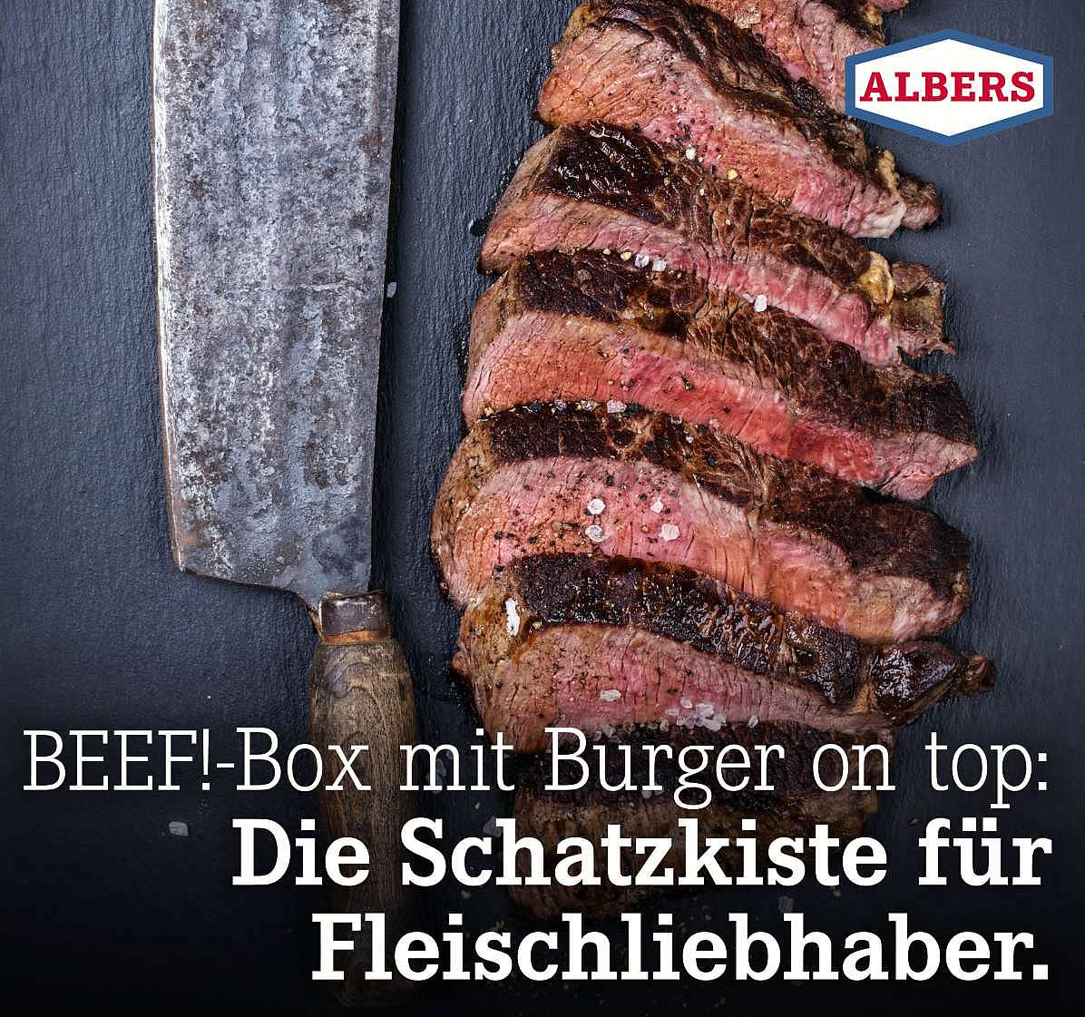 BEEF!-Box mit Burger on top: Die Schatzkiste für Fleischliebhaber.