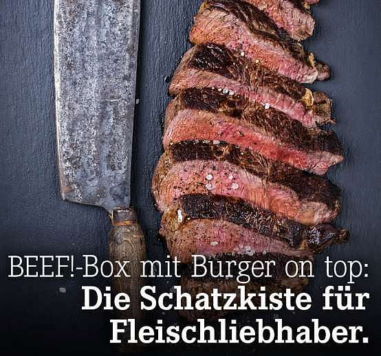 Verpasst? BEEF!-Box mit Burger on top: Die Schatzkiste für Fleischliebhaber.